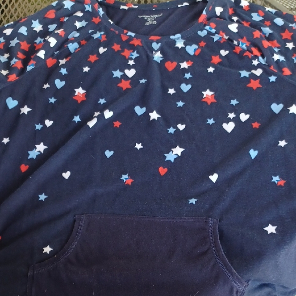 Woman Within Long Sleeve Blue and Red Tee with Heart and Star Design